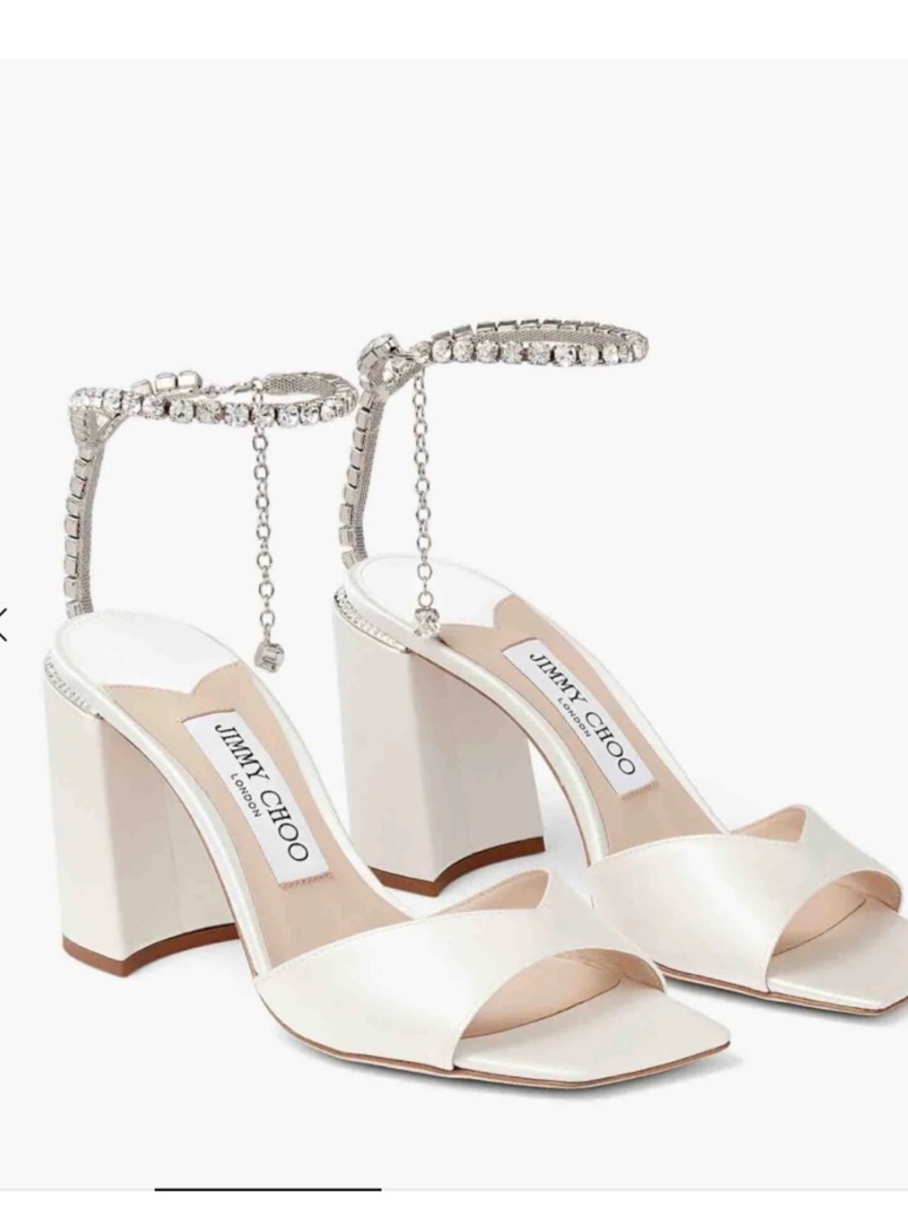 Jimmy Choo Ivory Satin Block Heel Sandals with Crystal Ankle Chain